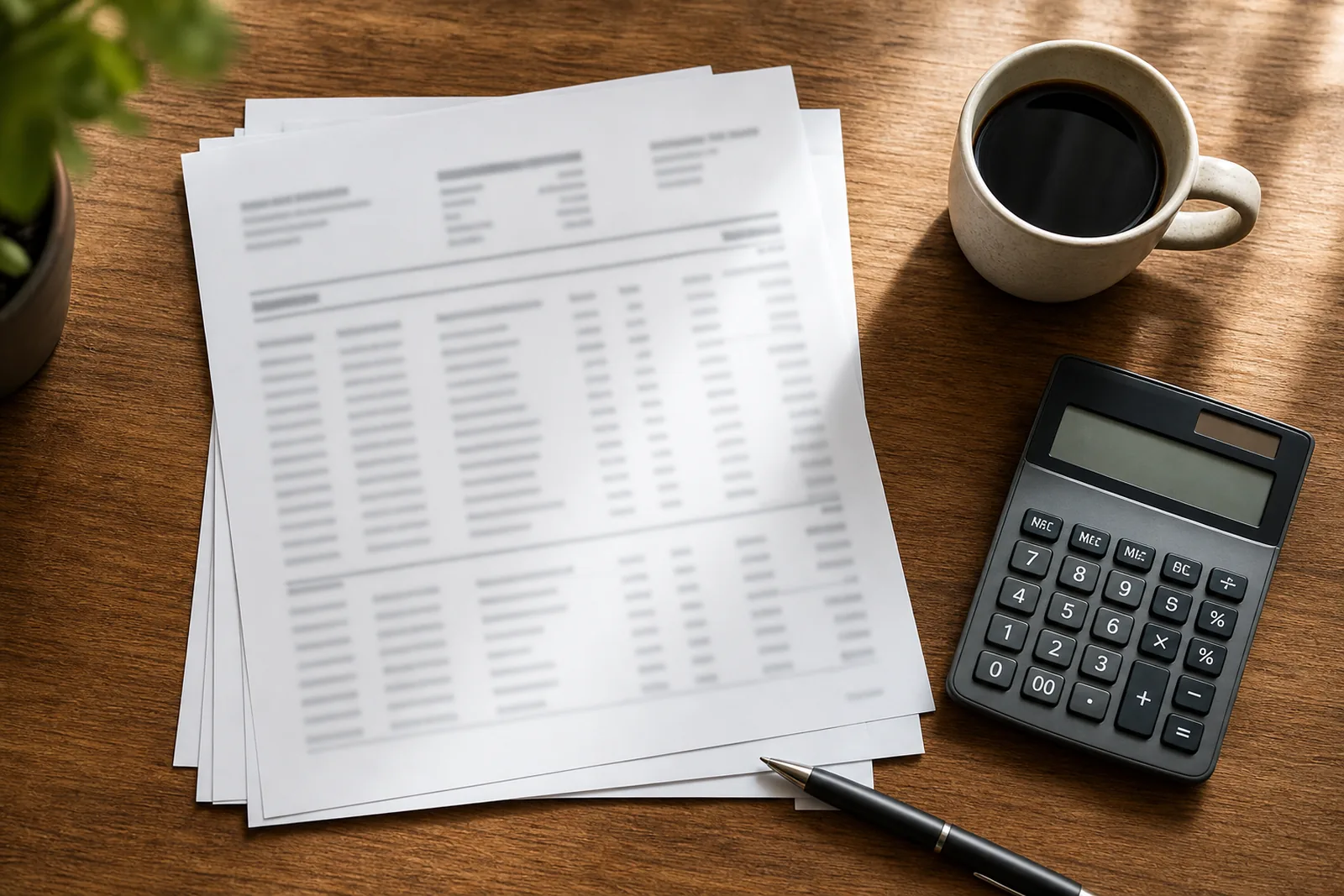 Printed business bank statements, calculator and pen on a desk used to document self-employed income