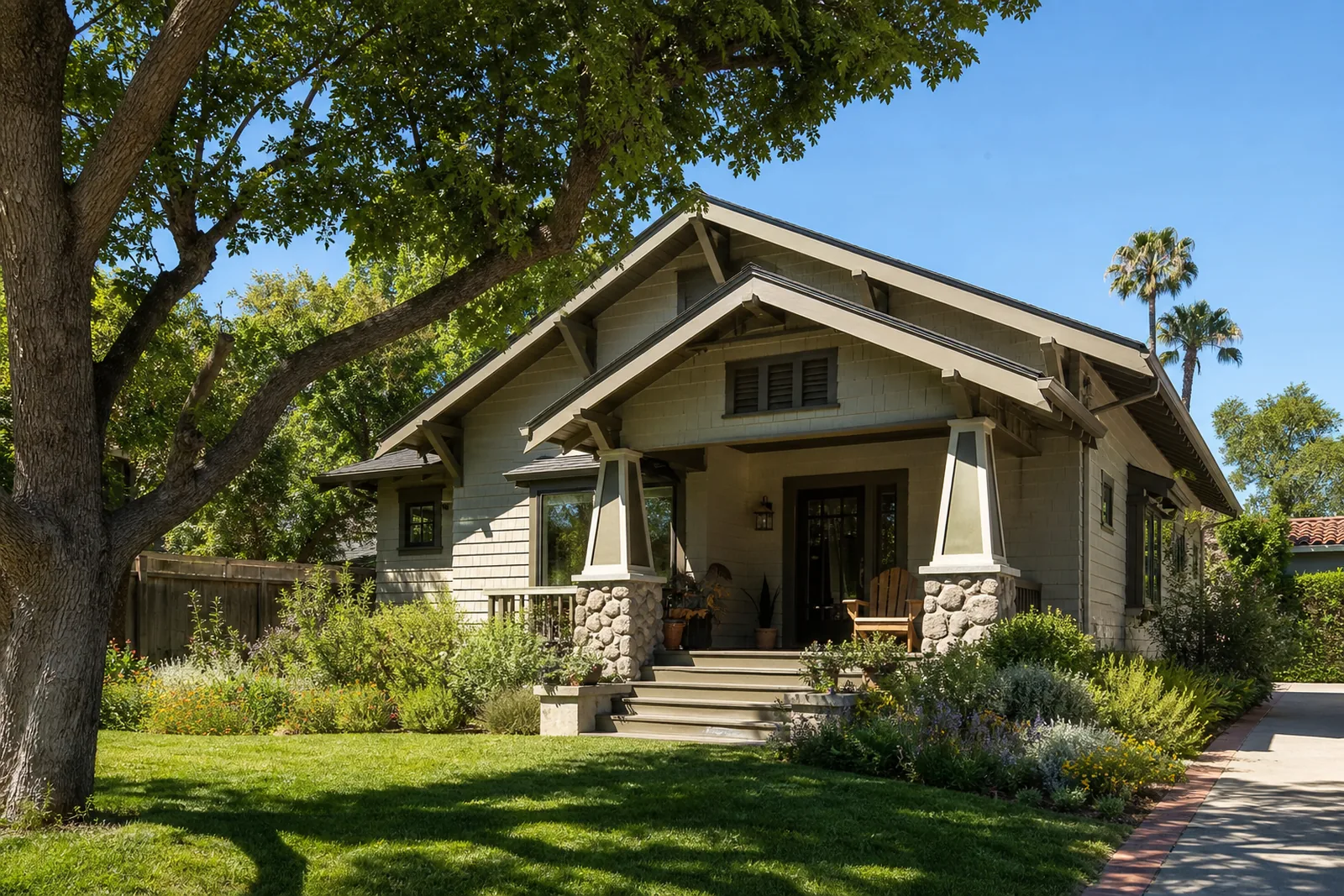 California craftsman bungalow on a sunny street, a typical first-time homebuyer property
